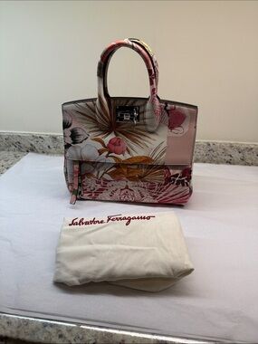 Salvatore Ferragamo Floral Print Leather Satchel in Pink and Cream